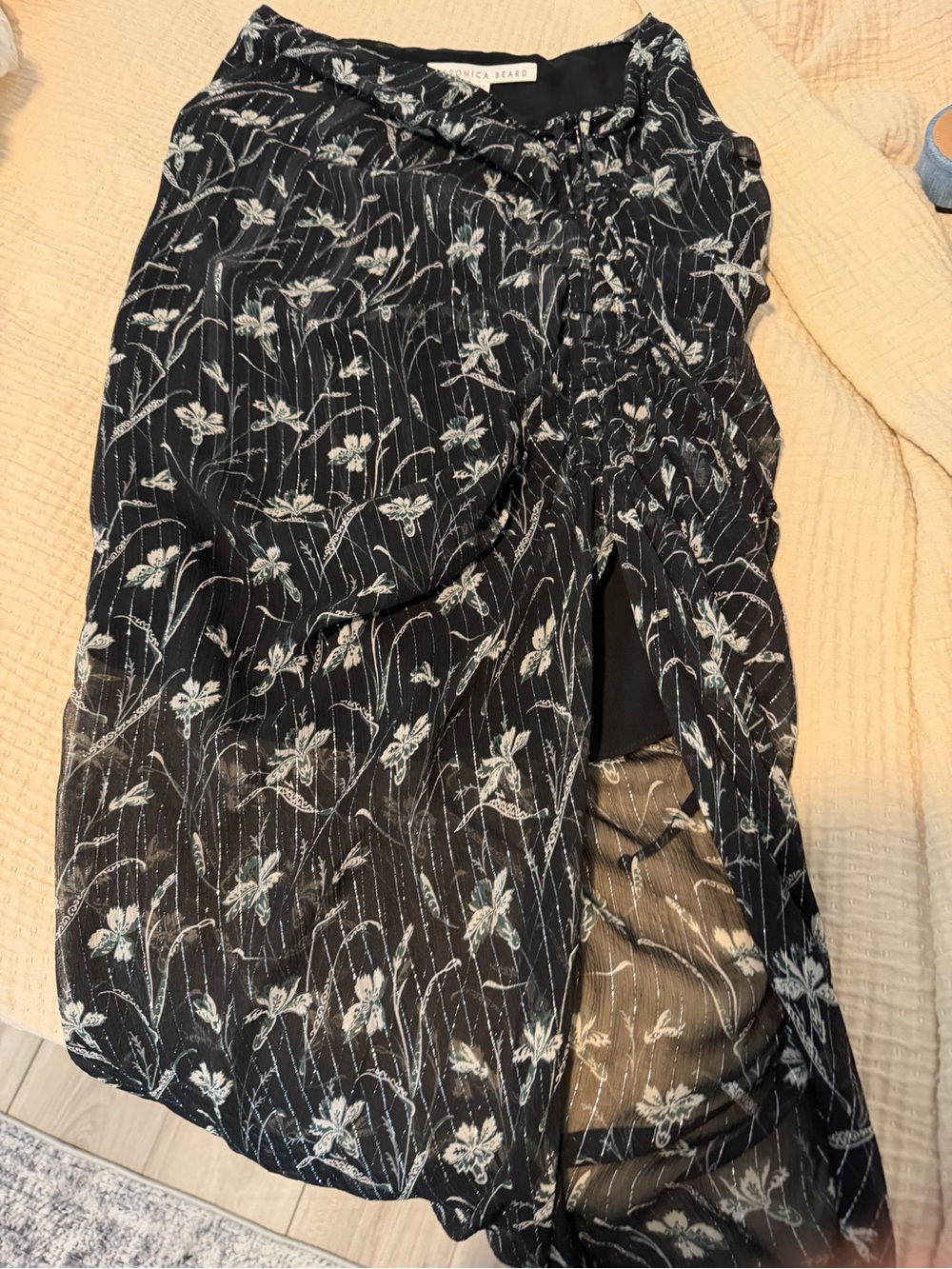 Veronica Beard Black Floral Sheer Midi Skirt with Front Slit Detail